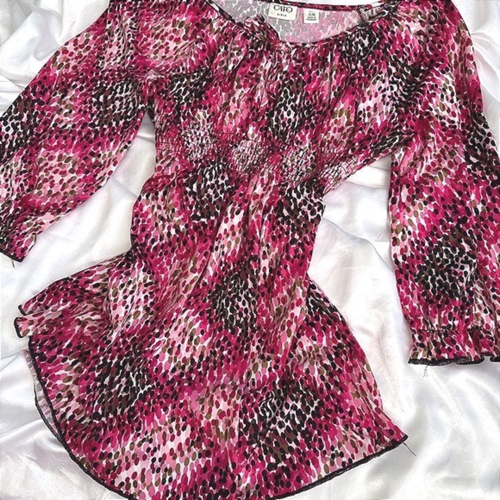 Cato Girls Pink Brown Animal Print Smocked Empire Waist Peasant Blouse XL 16